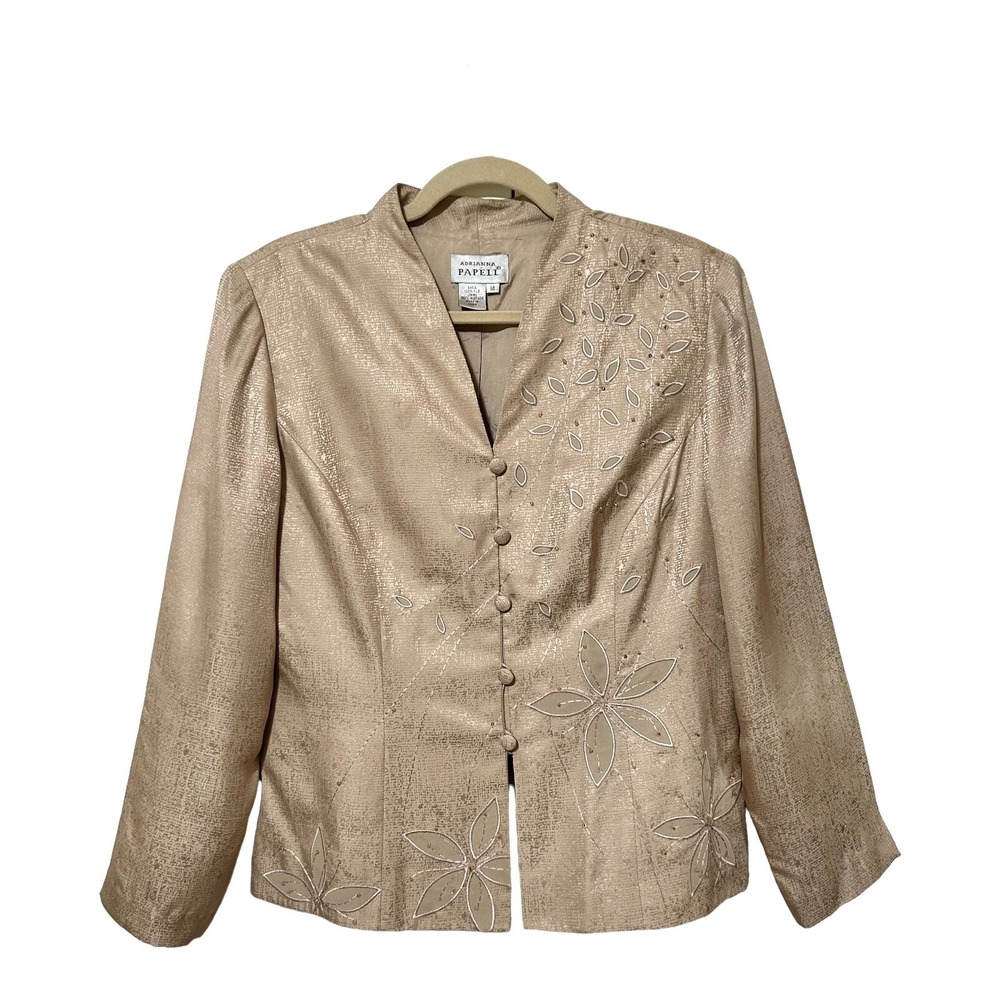 Adrianna Papell Women's Floral Silk Evening Jacket 14 Beige Embroidery Beads VTG